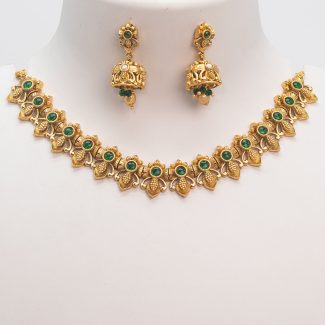 1gm Gold Plated Beautiful Water Drop Green Stone Necklace Set With Jhumka