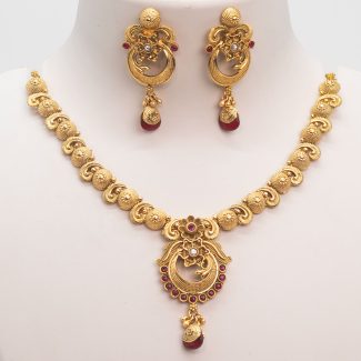 1gm Gold Plated Cute Floral Ruby Stone Short Necklace Set With Earring
