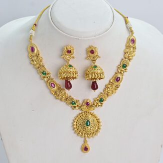 Cute Cocktail Rajwari 1GM Gold Plated Ruby Necklace Set