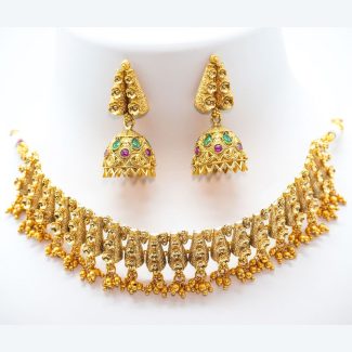 Beautiful Floral Rajwadi 1gm Gold Plated Choker Necklace Set With Jhumka