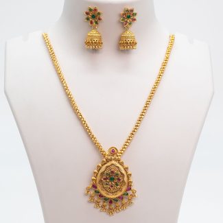 1gm Gold Plated Floral Multi Color Stone Chain With Pendant Set