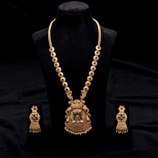 Gorgeous Peacock Green 1gm Gold Plated Matt Finish Long Necklace Set