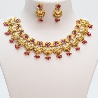 Rajwadi Ruby Stone 1gm Gold Finish Delicate Necklace Set