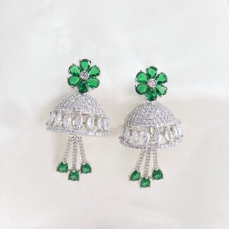"Rhodium Plated High Grade Authentic White AD Studded Jhumka Earrings" DNJK0549